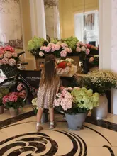 A high-quality, aesthetic lifestyle shot of a child exploring the floral displays in the lobby of The Langham, London. The image captures a sense of luxury and family-friendliness, serving as an inviting glimpse into the venue's atmosphere.