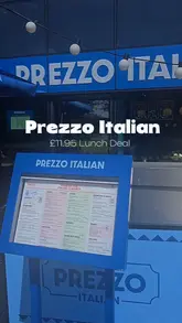 A promotional video for Prezzo Italian showcasing their £11.95 lunch deal, featuring shots of the restaurant interior, various pasta and pizza dishes, drinks, and the dining atmosphere.