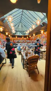A listicle-style video showcasing six family-friendly locations in Bloomsbury, London, including a park, a museum, an arcade, an anime-themed restaurant, a bookstore, and a bowling alley.