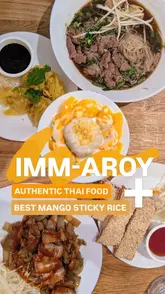 A food vlogger visits Imm-Aroy, a Thai street food restaurant in London, showcasing a variety of dishes including boat noodles, kua gai, and their signature mango sticky rice.