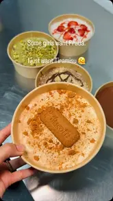 A short video showcasing five different flavours of tiramisu from a ghost kitchen, featuring close-up shots of the texture and toppings.