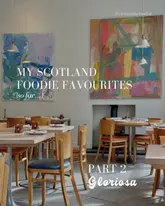 A bright, inviting interior shot of the restaurant Gloriosa in Glasgow, used as a cover image for a 'Scotland foodie favourites' series.
