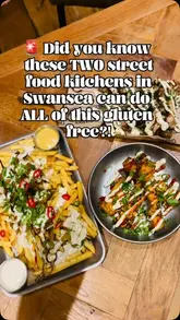A short, punchy reel showcasing a variety of gluten-free dishes from two different street food vendors, Charred Street Kitchen and MAG Burgers, located within the Founders & Co venue in Swansea.