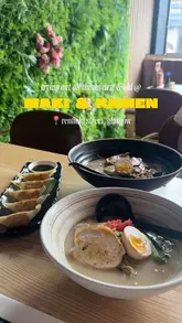 A montage of various dishes including ramen, sushi, gyoza, and drinks at Maki & Ramen, showcasing the menu and restaurant interior.
