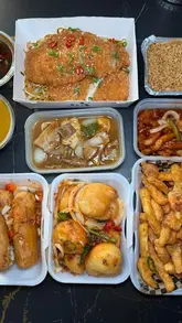 A review of a Chinese takeaway in Glasgow, showcasing a variety of dishes including salt and chilli chicken curry spring rolls, crispy chicken in Peking sauce, and Korean BBQ chow mein.