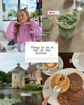 A collage-style post showcasing summer activities in the UK, featuring a cafe visit with an iced matcha latte and a dessert, alongside a scenic visit to a historic castle.