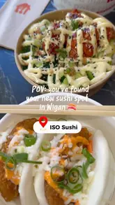 A short, fast-paced promotional video for ISO Sushi in Wigan, showcasing the ordering process via a digital kiosk and a variety of dishes including sushi rolls, bao buns, poke bowls, and a dessert.