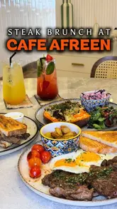A short, visually focused reel showcasing a brunch visit to Cafe Afreen, highlighting their steak-based brunch dishes and refreshing drinks.