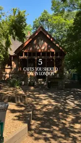 A listicle-style video showcasing five unique cafes in London, featuring a mix of exterior shots, interior atmospheres, and close-ups of food and drinks like pancakes, pastries, and coffee.