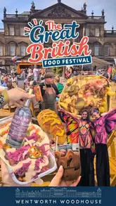 A fast-paced, engaging montage showcasing the Great British Food Festival at Wentworth Woodhouse, featuring various food stalls, live music, cooking demonstrations, and artisan shopping.