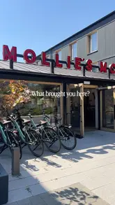 A montage showcasing the facilities and dining options at Mollie's Motel & Diner, highlighting the stylish interior design, family-friendly amenities like games, and the food menu.