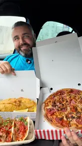 A creator reviews a variety of food items from a local chippy, including tacos, pizza, fish and chips, a chicken burger, cookies, a milkshake, and a brownie, highlighting the venue's expanded menu.