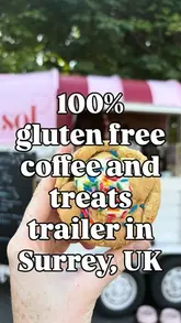 A short, informative reel showcasing a mobile coffee and gluten-free treat trailer located in Hurst Park, Surrey. The video highlights the menu, the display of baked goods, and specific items like cookies and brownies, while providing location and duration details.