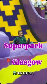 A high-energy vlog-style review of the new SuperPark activity centre in Glasgow, featuring various trampoline and climbing activities, followed by a look at the on-site cafe, Scran + Roadie, which serves pizza, shawarma, and sweet treats.