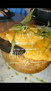 A montage showcasing the interior and breakfast/brunch menu items at Palm Coffee Lounge, including a full breakfast and eggs benedict.