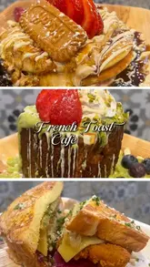A montage video showcasing various sweet and savoury French toast dishes and pancakes at a cafe called BLOB located in Maison Noor. The video features close-up shots of the preparation and plating of the food.