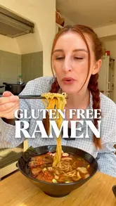 A step-by-step recipe tutorial for making gluten-free ramen, including homemade noodles and a flavorful broth, presented by the creator in their home kitchen.