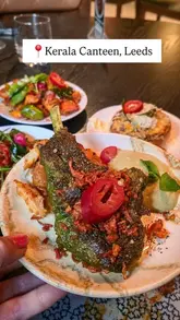 A montage showcasing various small plates, curries, and desserts at Kerala Canteen in Leeds, highlighting the restaurant's vibrant decor and diverse menu.
