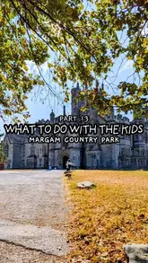 A fast-paced montage showcasing a family day out at Margam Country Park, highlighting various activities like the playground, farm trail, castle, and go-karts.