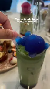 A short, aesthetic reel showcasing a brunch visit to Havala in Gants Hill, featuring a teddy bear-shaped ice cube in a matcha latte, French toast, and a full English breakfast.