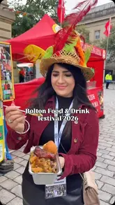 A vibrant vlog showcasing the Bolton Food & Drink Festival, featuring a wide array of street food stalls, artisan markets, live entertainment, and family-friendly activities. The creator highlights specific menu items like samosa pav, mac and cheese, churros, and pizza, while capturing the lively atmosphere of the event.