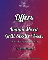 A promotional graphic for 'Indian Mixed Grill Sizzler Week' featuring text on a smoke-effect gradient background.