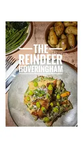 A montage video showcasing the interior, exterior, and menu offerings of The Reindeer pub. The video focuses on the cosy atmosphere and high-quality food presentation, featuring dishes like crab on crumpet, lamb, and halibut, alongside espresso martinis.