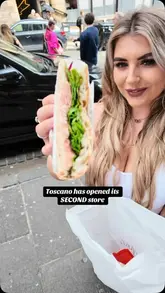 A creator visits the new Toscano location in Edinburgh, showcasing the ordering process, the meat slicer, and the schiacciata sandwiches.