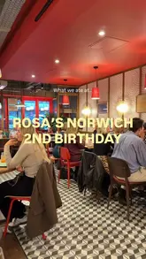 A montage of a visit to Rosa's Thai in Norwich, showcasing various dishes, drinks, and the restaurant's interior during a celebratory event.