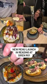 A group of creators visits Siren RG1 to review their new menu, showcasing a variety of tapas-style dishes including king prawns, burrata, sticky beetroot, pork belly, mac and cheese, chipotle corn, focaccia, and sticky toffee pudding.