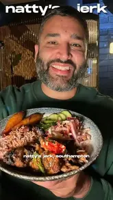 A review of Natty's Jerk at Good Things in Southampton, featuring the creator trying the OG Jerk Box, Mac & Cheesus, fries, and a matcha lemonade while discussing the venue's inspiration and atmosphere.