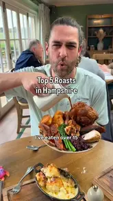 A fast-paced listicle video featuring a creator reviewing five different Sunday roast offerings across various venues in Hampshire. The video includes quick cuts of the food, the creator tasting the dishes, and brief shots of the venue interiors.