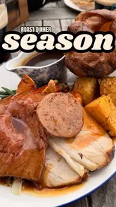 The video features a creator reviewing a pub called The White Hart in Cadnam, highlighting its suitability for a roast dinner in a pub garden setting. It includes shots of the exterior, the garden, the menu, and the food.