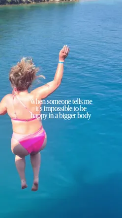 A person sharing a candid opinion on body positivity and health with hashtags #bodypositivity and #bodyconfidence.