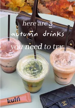 Three autumn drinks at Artisan Brew in Grays: pumpkin spice matcha, toffee apple latte, orange cloud chocolate.