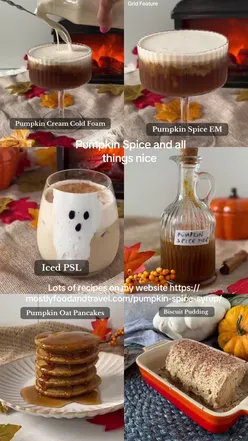 Delicious pumpkin spice recipes including pancakes, cold foam, and overnight oats featured in a cozy autumn setting.