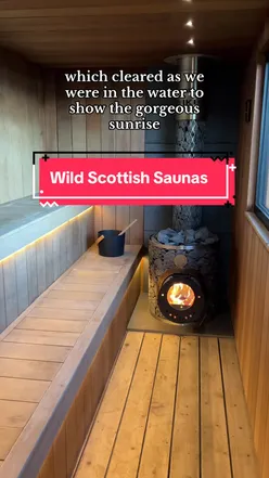 Visitors enjoying Wild Scottish Saunas in St Andrews after a seaside dip, near the Old Course Hotel.