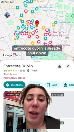 Plate of entrecôte steak served with sides at a popular Dublin restaurant, showcasing delicious dining experience.