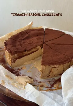 'Burnt Basque cheesecake at La Maritxu café in London, featuring a limited edition Tiramisu flavor.'