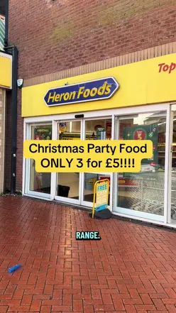 Christmas party food deal at Heron Foods: 3 for £5 on frozen options like katsu skewers, mini pizzas, and more.