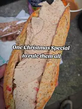 Festive feast at Fresh Baguette in Cardiff: turkey, stuffing, and cranberry with dunking gravy for a holiday treat.