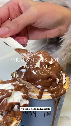 S’mores Hot Chocolate at Bubble Rolls in Birmingham, a must-try limited-time treat with rich cocoa and toasted marshmallows.