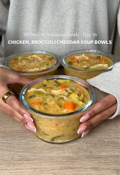 High Protein Chicken, Broccoli Cheddar Soup Bowls 🥣 DAY 16 of 30 DAYS OF BALANCED BOWLS A warm bowl of soup one of my favourite a healthy comfort foods and this one has a HUGE 70g of protein per portion! It’s great for a meal prep comfort dinner and is so filling! ⬇️ Macros per serving: 600 cals - 70g P, 21g C, 21g F 🔸 Ingredients (serves 3): 480g chicken breast (raw) 0.5tsp smoked paprika  1tsp garlic granules Salt & pepper to taste 20g butter  1 large white onion, diced  2 large carrots, chopped 2 celery stalks, chopped 3tsp minced garlic 1tsp smoked paprika 1tsp garlic granules 1tbsp @Knorr UK & Ireland aromat 2tbsp (heaped) all purpose flour 500ml @Freja Bone Broth chicken bone broth 340g chopped broccoli floretts (2 heads) 300ml milk 150g grated low fat cheddar cheese 150g fat free cottage cheese, blended 100ml water Cornflour slurry: 2tbsp (heaped) & 2tbsp water 1. Season chicken breasts with salt, pepper and 0.5tsp smoked paprika, then spray with a little oil & air fry on 180C for 15-20 mins depending on size till cooked through, turning halfway (or cook as preferred) 2. Melt butter in pan & saute onions, carrots, celery and minced garlic for a few mins to soften 3. Add the aromat, smoked paprika, garlic granules and flour and mix till coated 4. Stir in the chicken bone broth and bring to a simmer, then add the broccoli florets & simmer with the lid on till fork tender 5. Meanwhile, blend the cottage cheese & shred the cooked chicken and set aside 6. Once the broccoli is soft, turn the heat to the lowest and add the milk, blended cottage cheese & grated cheese, then whisk/stir until melted together and no lumps 7. Thicken with a cornflour slurry till the desired consistency  8. Season with salt & black pepper to taste and add the cooked shredded chicken into the pan 9. Heat through, then evenly pour into 3 bowls and cool completely before covering with an air tight lid & storing in the fridge for up to 3-4 days 10. When reheating, do this slowly in the microwave, mixing often or on low heat in a pan to avoid splitting  TIP: eat on its own or with your favourite crunchy bread on the side!  #broccolicheddarsoup #broccolicheddar #mealpreps #highproteinmeals #souprecipe 