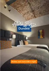 A video tour of Hotel Indigo in Dundee, showcasing the hotel rooms, the on-site restaurant Daisy Tasker, the bar, and the breakfast buffet. The video provides a walkthrough of the facilities and highlights the location and pricing.