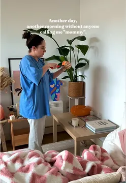 Breakfast setup with coffee, meditation mask, and relaxing morning vibes at home.