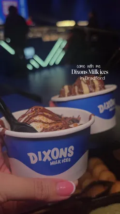 Delicious dessert selection at Dixons Milk Ices in Bradford, featuring cookie dough, blondie crumble, and Dubai Kunafa.