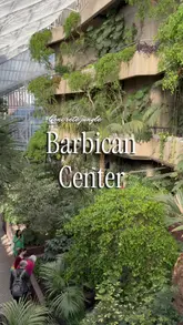 A montage showcasing the Barbican Conservatory, highlighting the contrast between the brutalist architecture and the lush greenery, including shots of the koi pond and various plant life.
