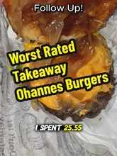 The creator reviews a takeaway order from Ohannes Burgers, providing a critique of the loaded fries, burger, and Korean-style wings. The video follows a standard review format with the creator speaking directly to the camera while showing the food items.