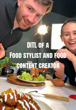 Food stylist creating vibrant dishes and content in a vibrant kitchen setting for Irish food vlogs.