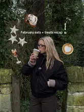 A lifestyle-focused recap image featuring a person holding a coffee cup, overlaid with digital stickers of food and drink items to represent a monthly summary of hospitality visits.